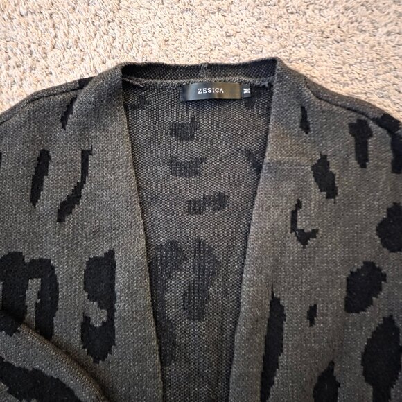 ZESICA Leopard Print Open Front Cardigan Sweater with Pockets Grey Black Medium - Picture 2 of 6
